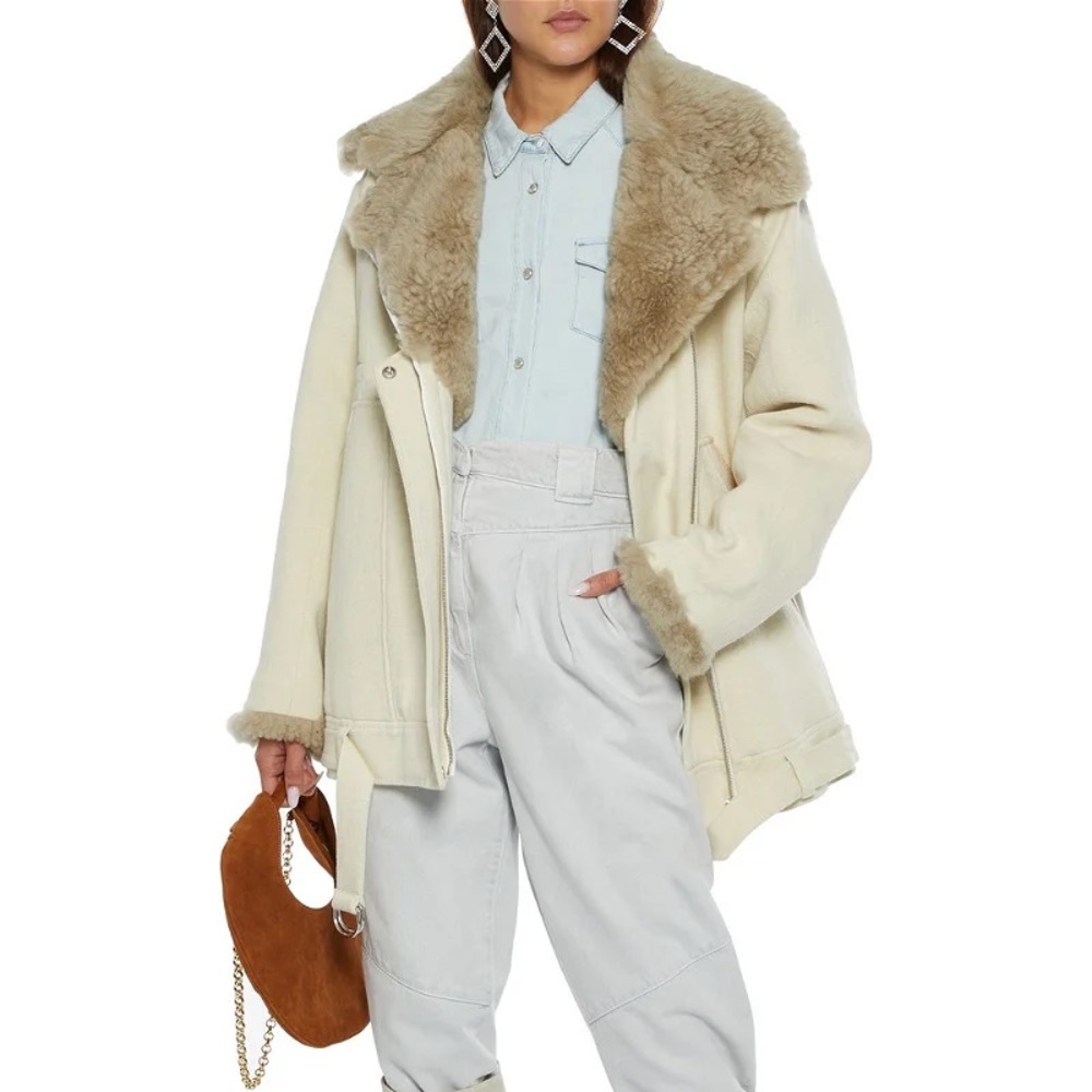 New IRO Eirick Shearling-Trimmed Tweed Biker Jacket Size 32